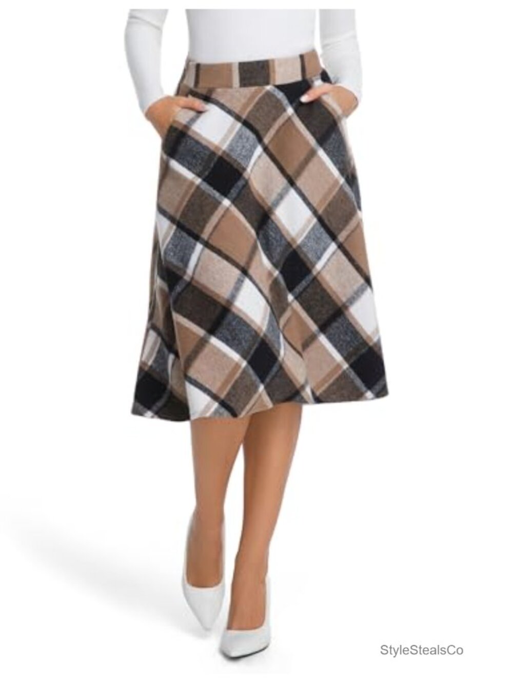 Womens High Waist A-Line Pleated Midi Plaid Skirt Wool Blend - Picture 3 of 6